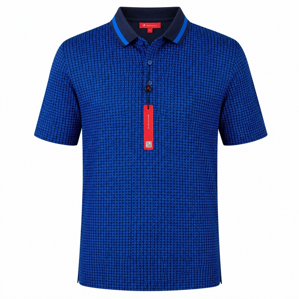 REDVANLY Mens Blue Geometric  X O Print Performance Golf Polo Shirt Large New